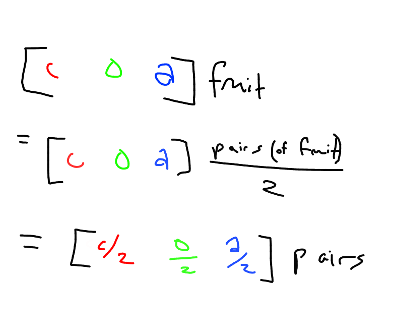 [c o a] fruit = [c o a] pairs/2 = [c/2 o/2 a/2] pairs