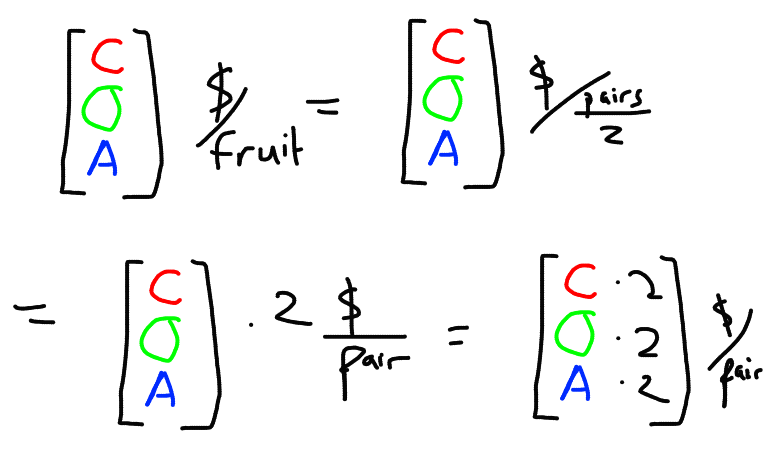 vertical [C O A] $/fruit = vertical [C O A] $/(pairs/2) = vertical [C*2 O*2 A*2] $/pairs
